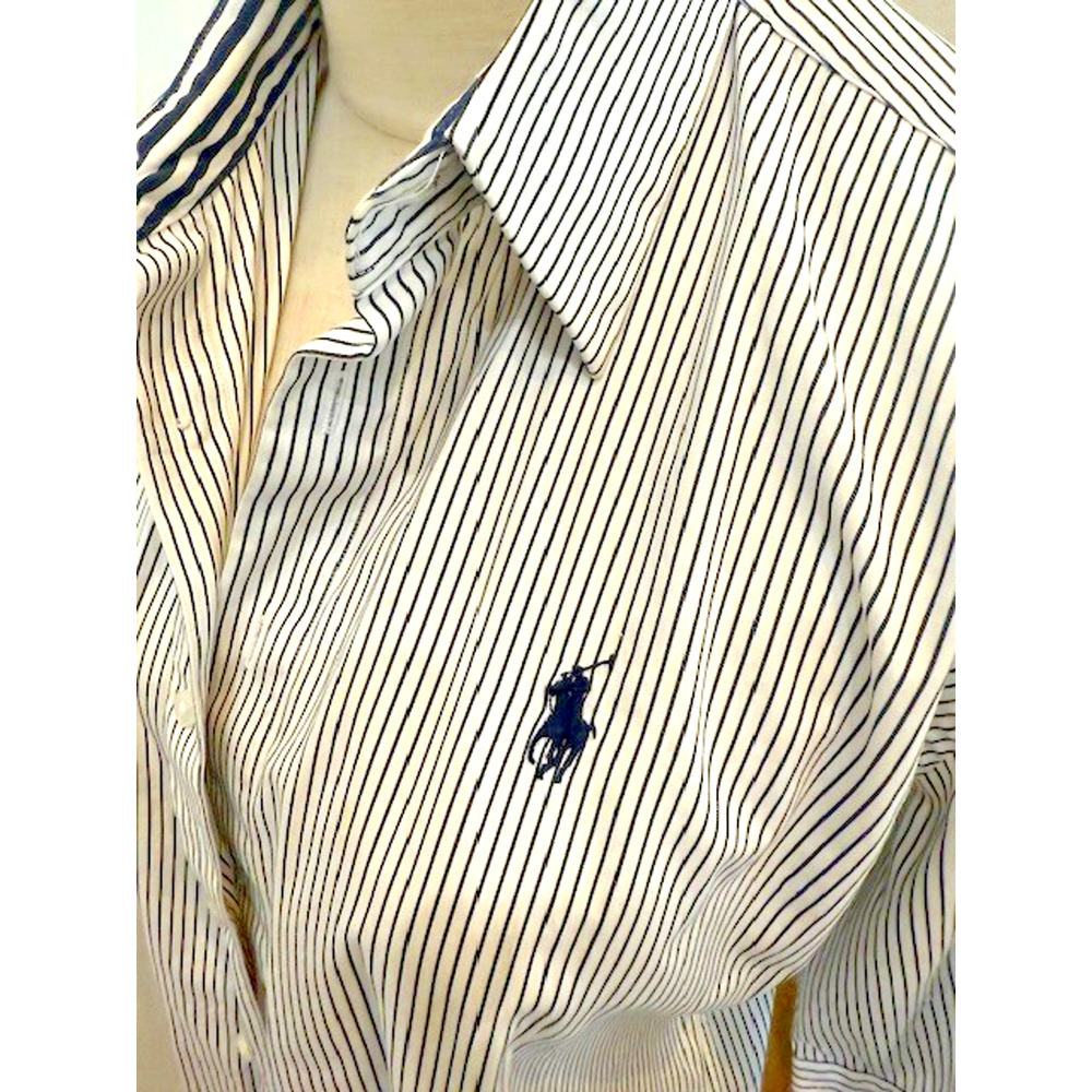 Ralph Lauren Shirt Size 12 M/L Vintage Preppy 90s Navy Blue White Stripe